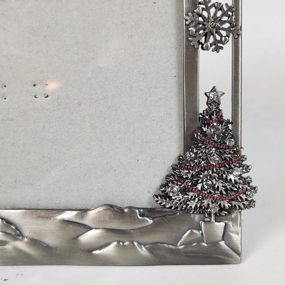 Enameled Pewter Merry Christmas Picture Frame Snowman Winter Wonderland 3D 4 X 6